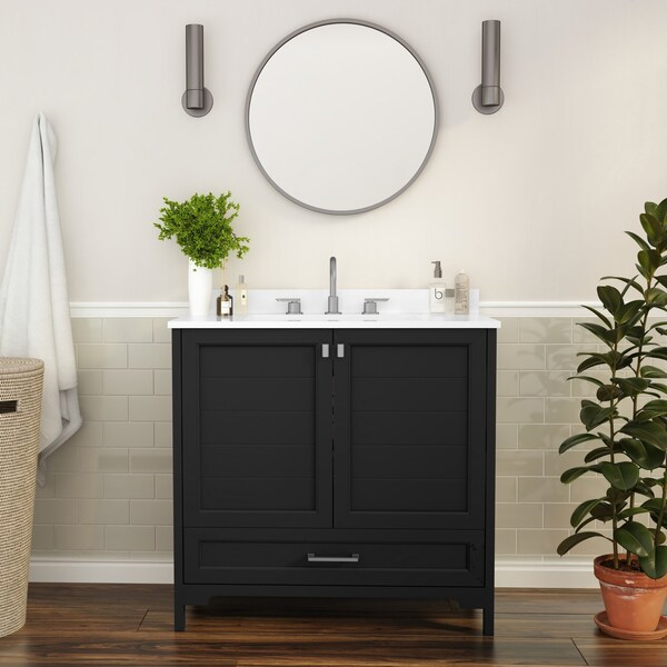 Flash Furniture Haven 36 Inch Bathroom Vanity w/Sink, Storage Cabinet w/Soft Close Doors and Bottom Drawer, Black FS-BN-4-36-KD-BK-GG - main